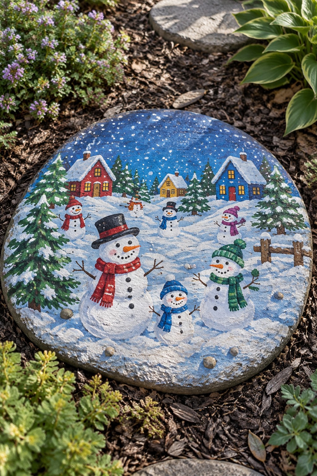Painted rock with snowmen in hats and scarves amid snowy houses and trees.