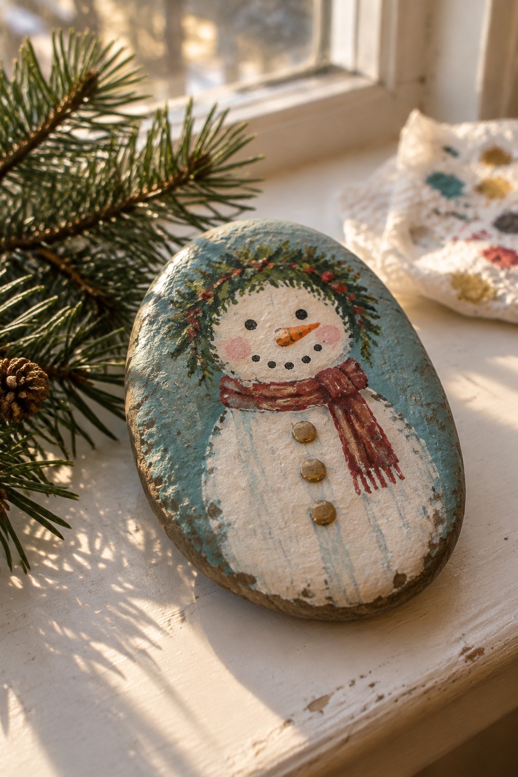 Painted snowman rock with wreath, red scarf, and buttons beside pine branch on windowsill
