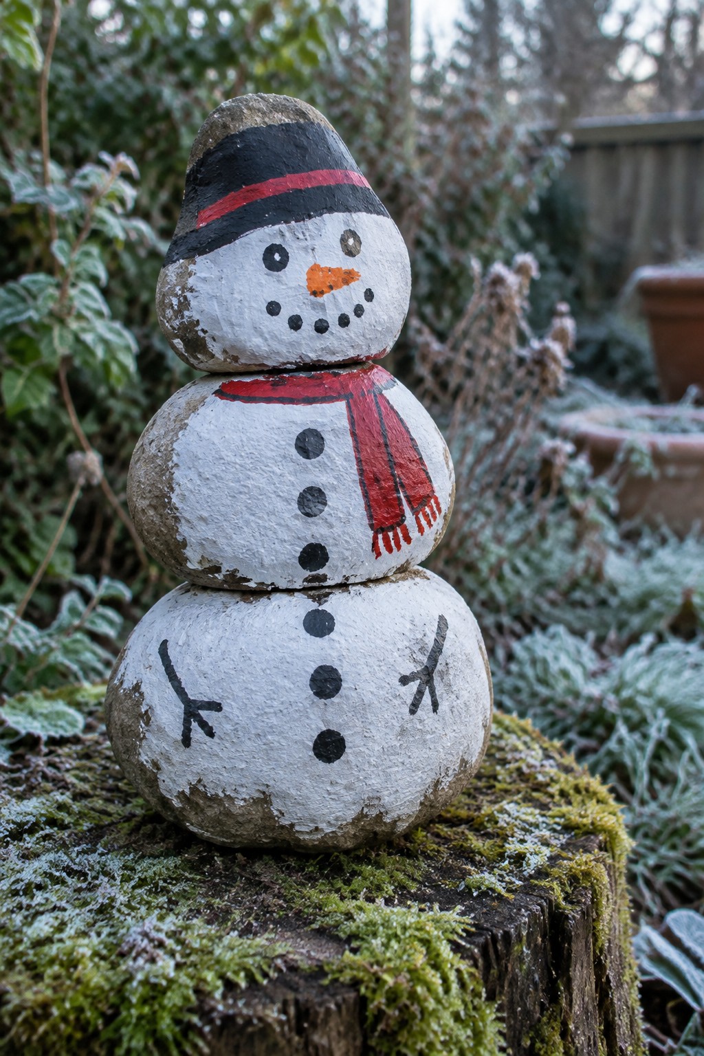 Three painted rocks stacked into a snowman with black hat, red scarf, and buttons on a mossy tree stump in a garden.