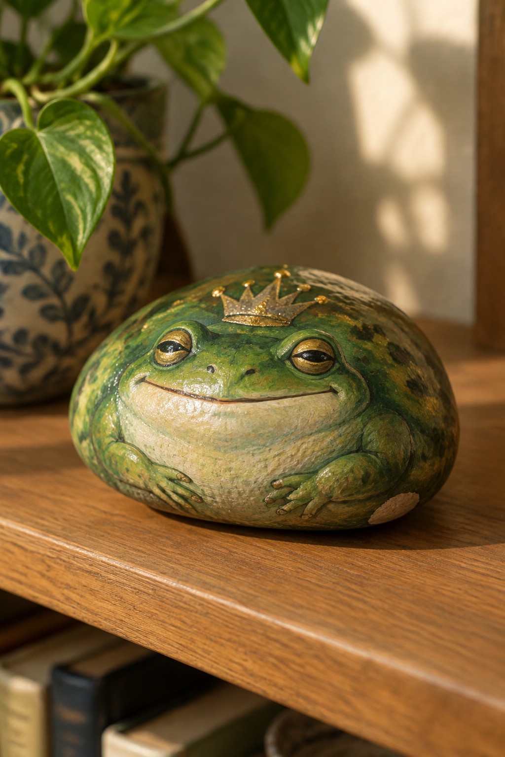 Green frog sculpture with golden crown on wooden shelf near potted plant