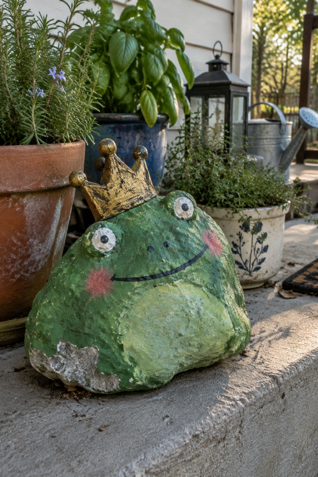 Green frog statue with golden crown among potted plants on concrete step