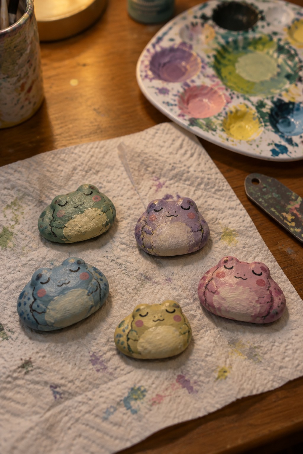 Five colorful painted frog figurines on paper towel beside paint palette