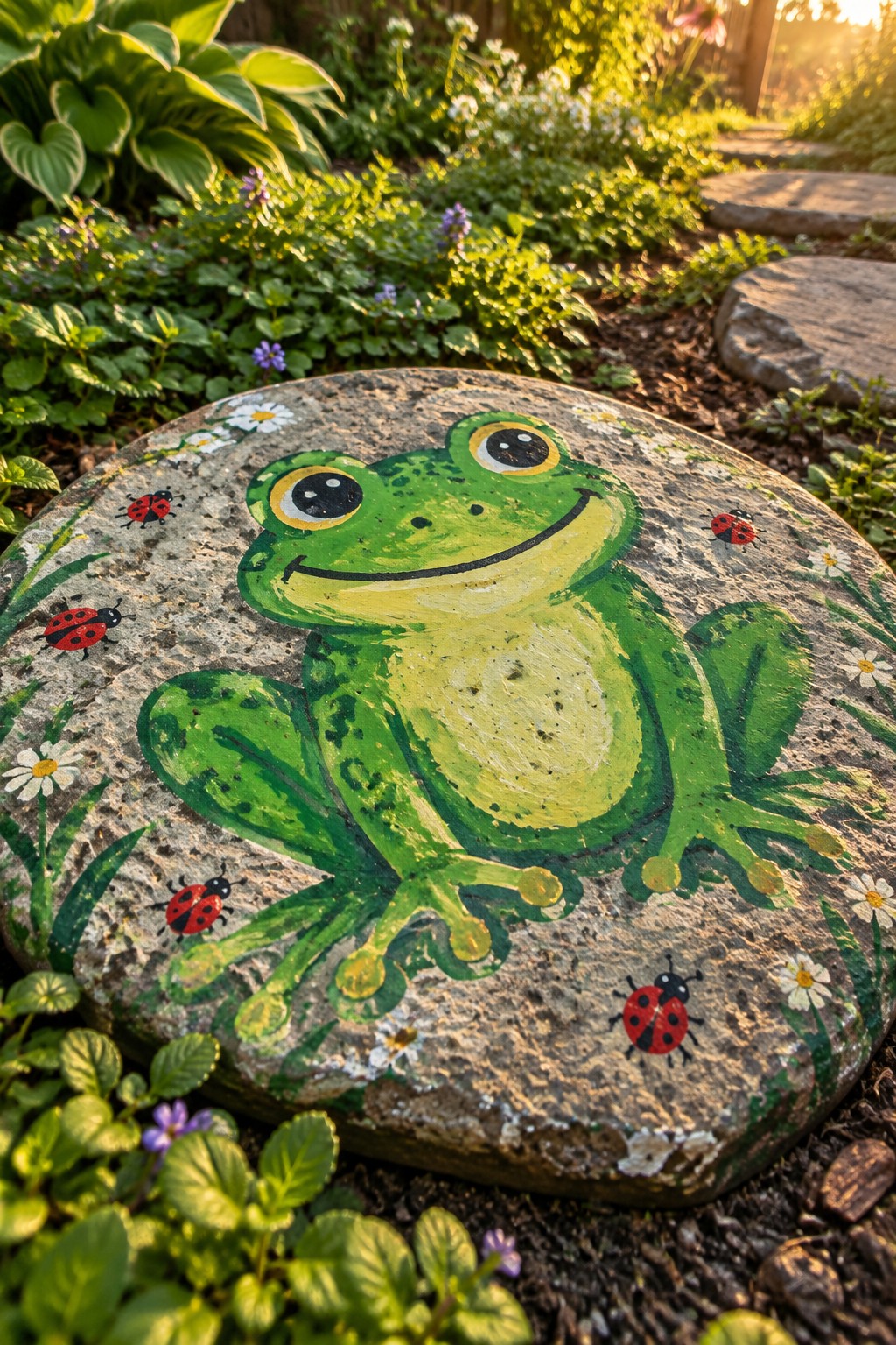 Painted garden rock with smiling green frog, red ladybugs, and white daisies.