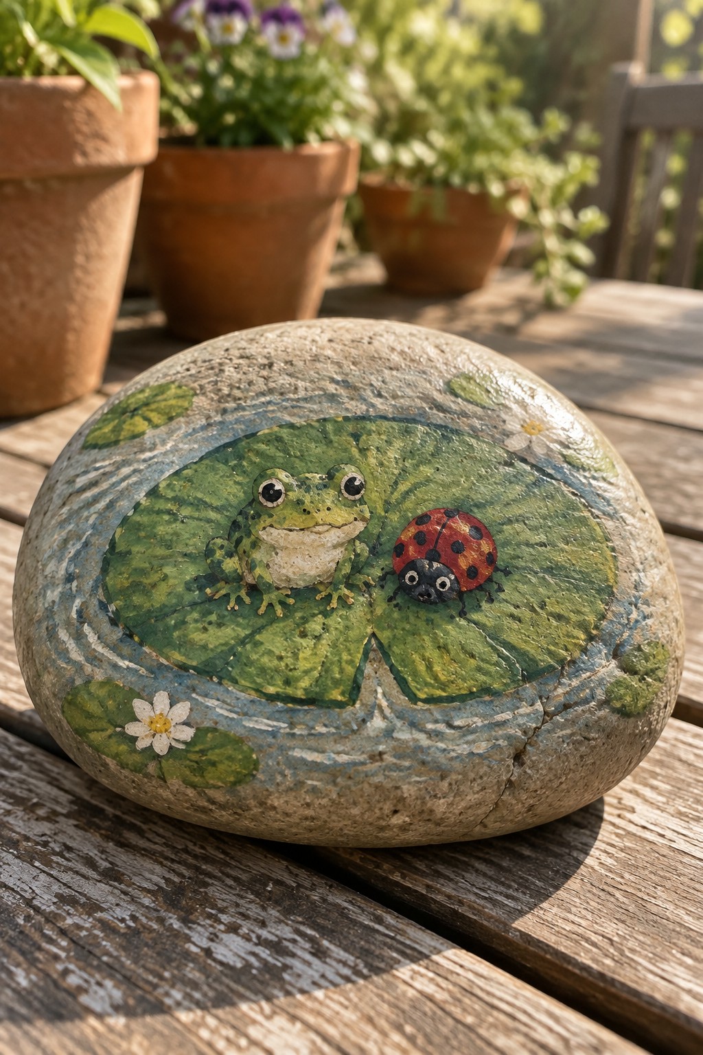 Painted rock with green frog and red ladybug on lily pads