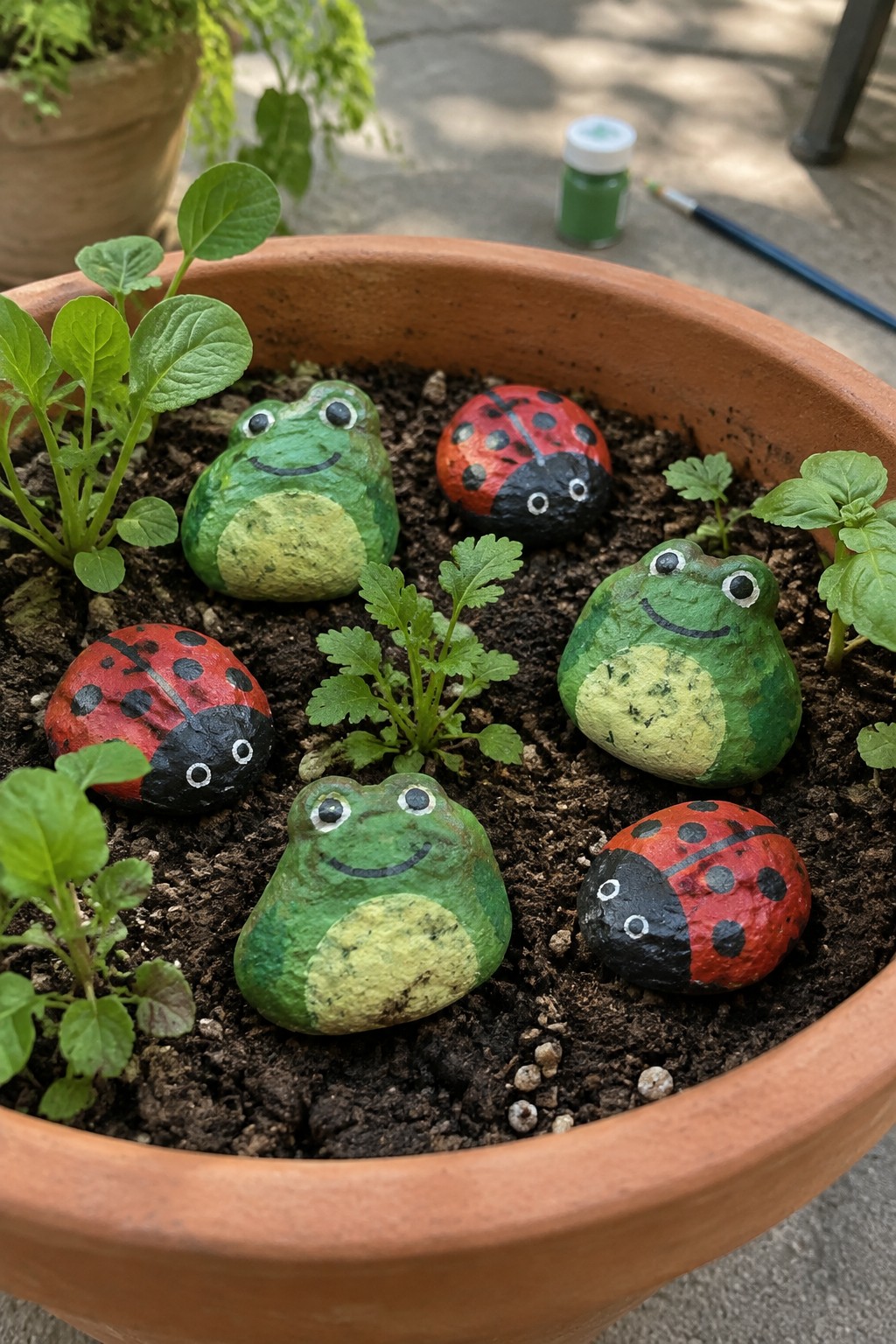 Painted rocks resembling green frogs and red ladybugs in a terracotta pot with plants.