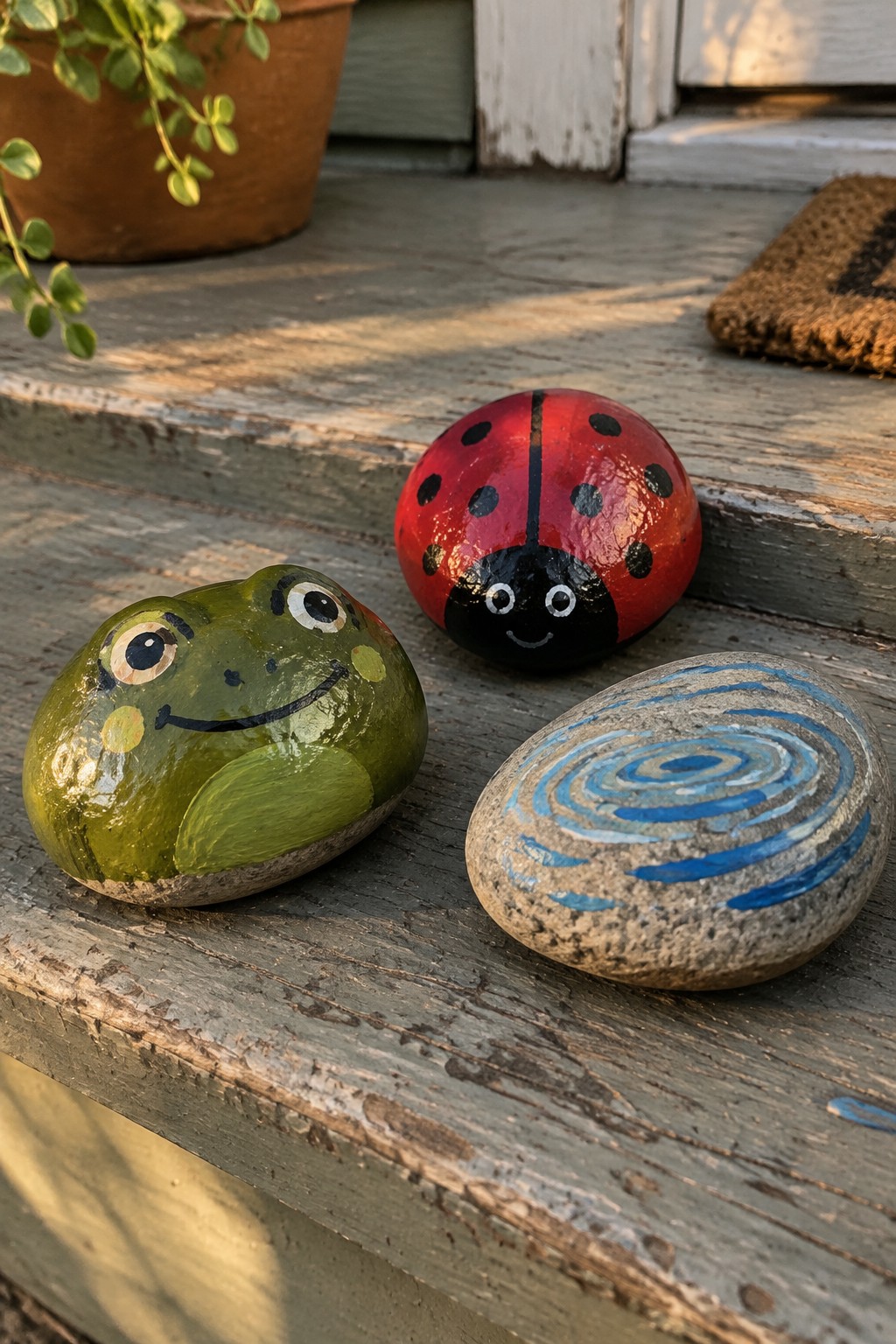 Green frog, red ladybug, and blue-swirled painted rocks on wooden steps
