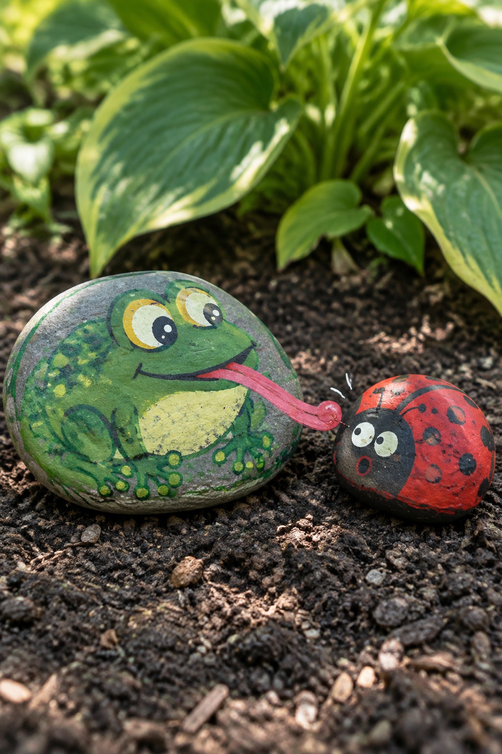 Green frog rock extends pink tongue at surprised ladybug rock on garden soil