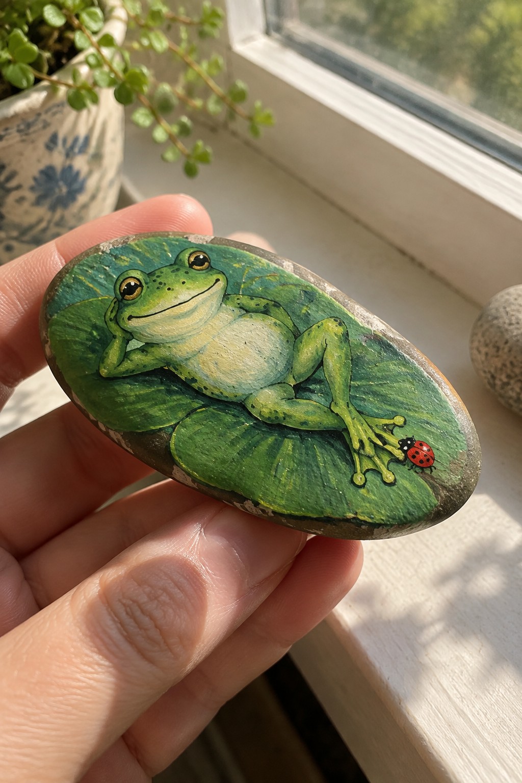 Hand holding painted rock of green frog on lily pads with red ladybug