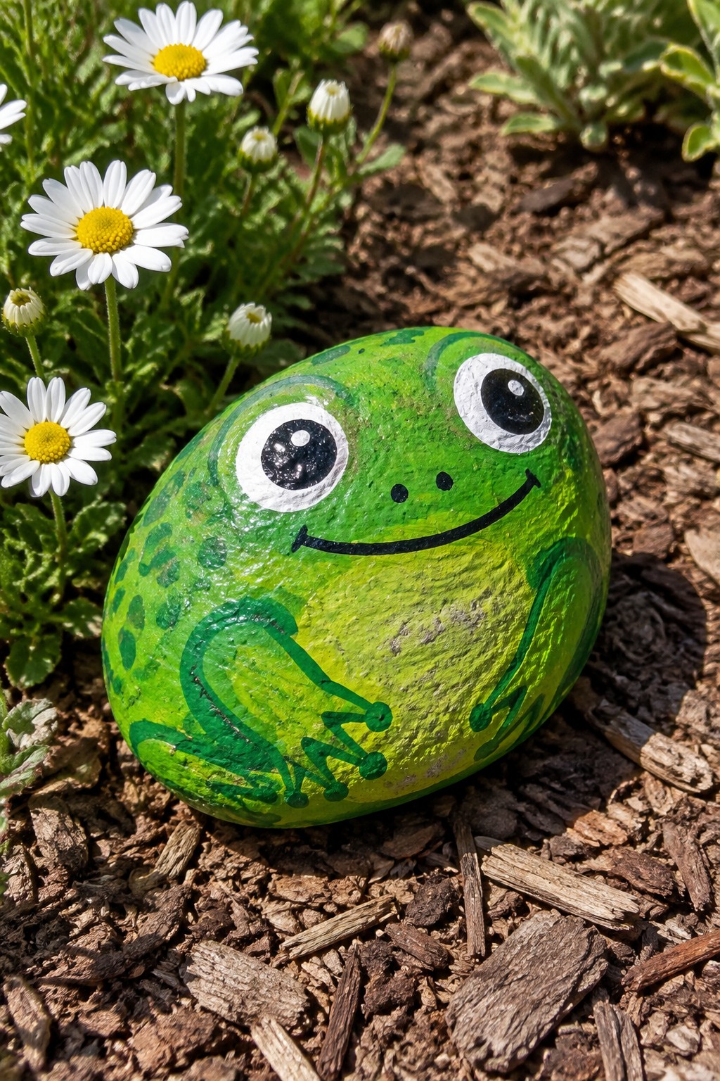 Green painted frog rock with big eyes and smile amid daisies on mulch