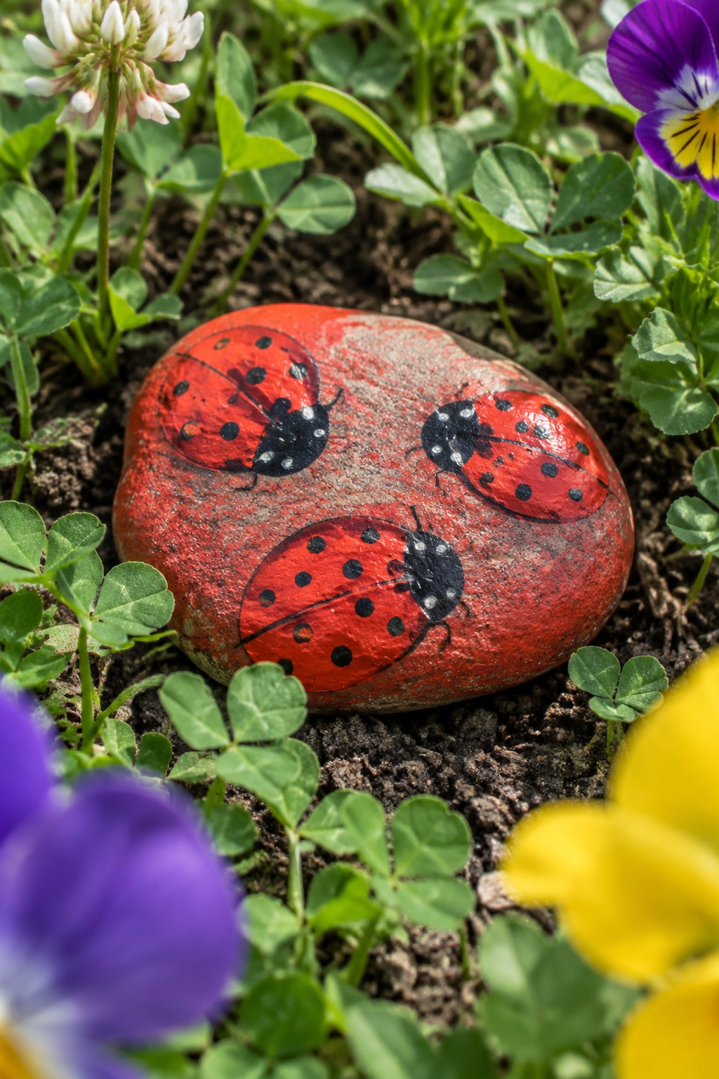 A red painted rock with three ladybugs sits in garden soil among green leaves and flowers.