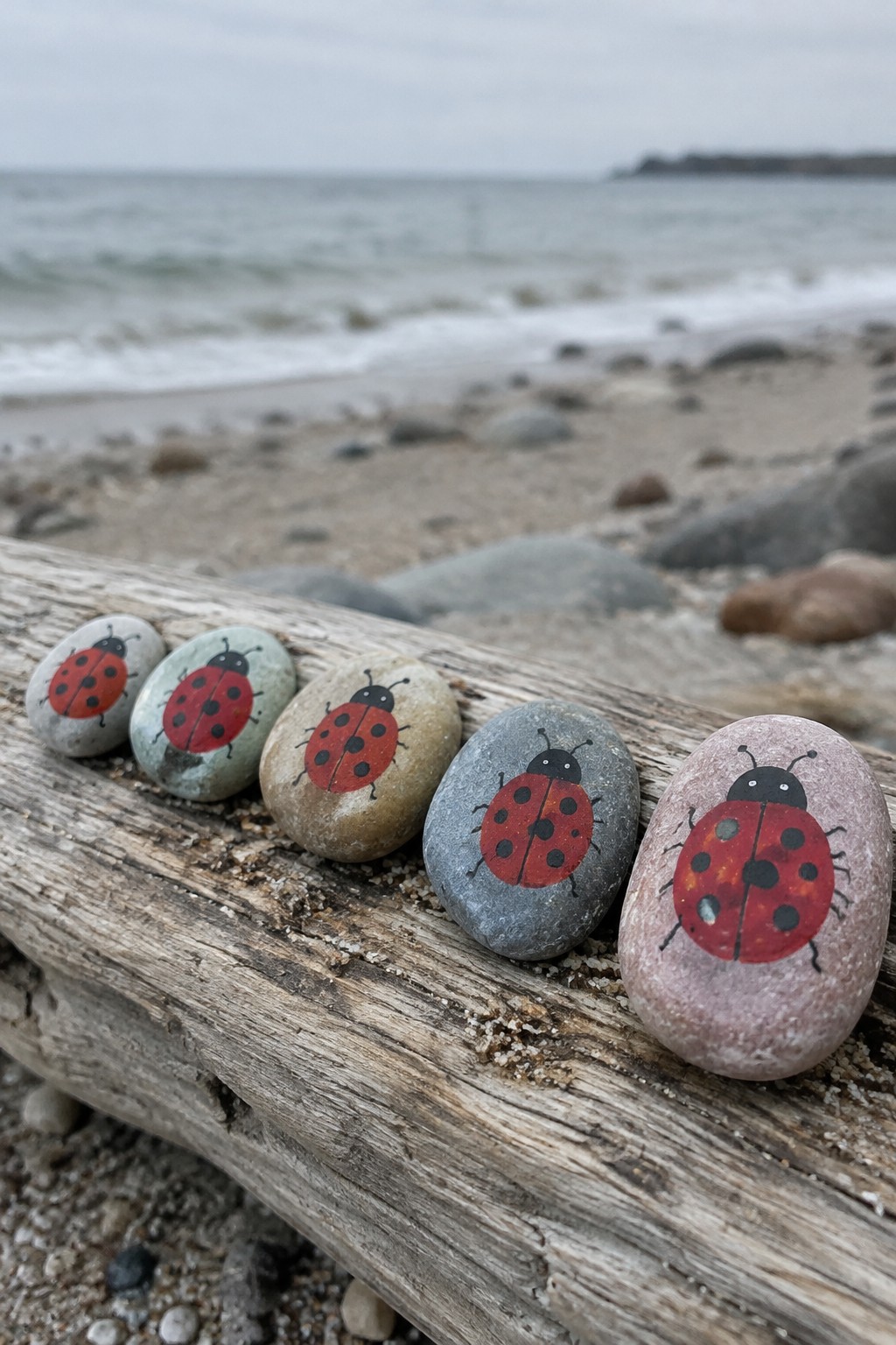 Five ladybug-painted rocks lined up on driftwood along a beach.