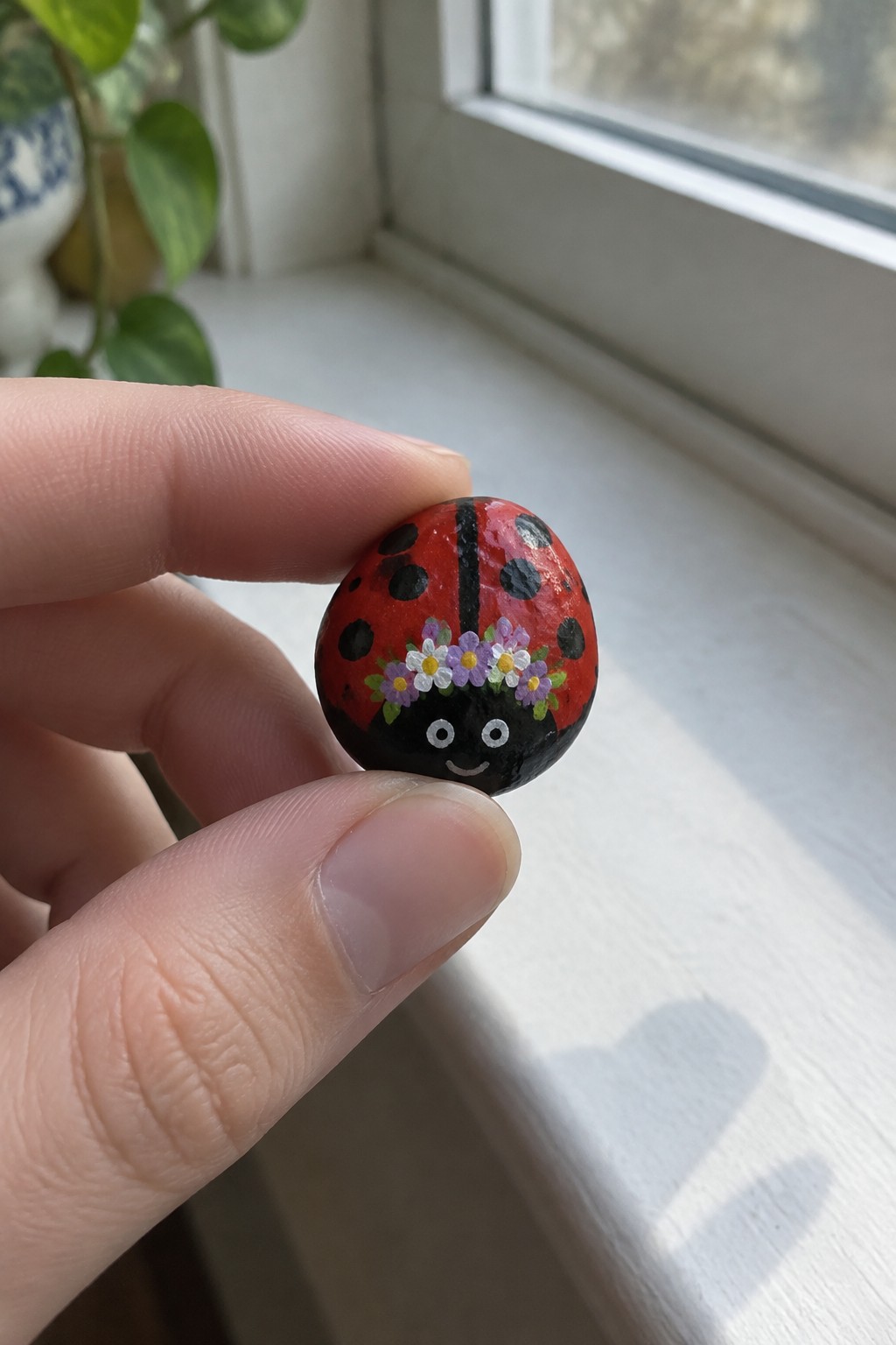 Hand holding a red ladybug pebble painted with black spots, face, and flowers.