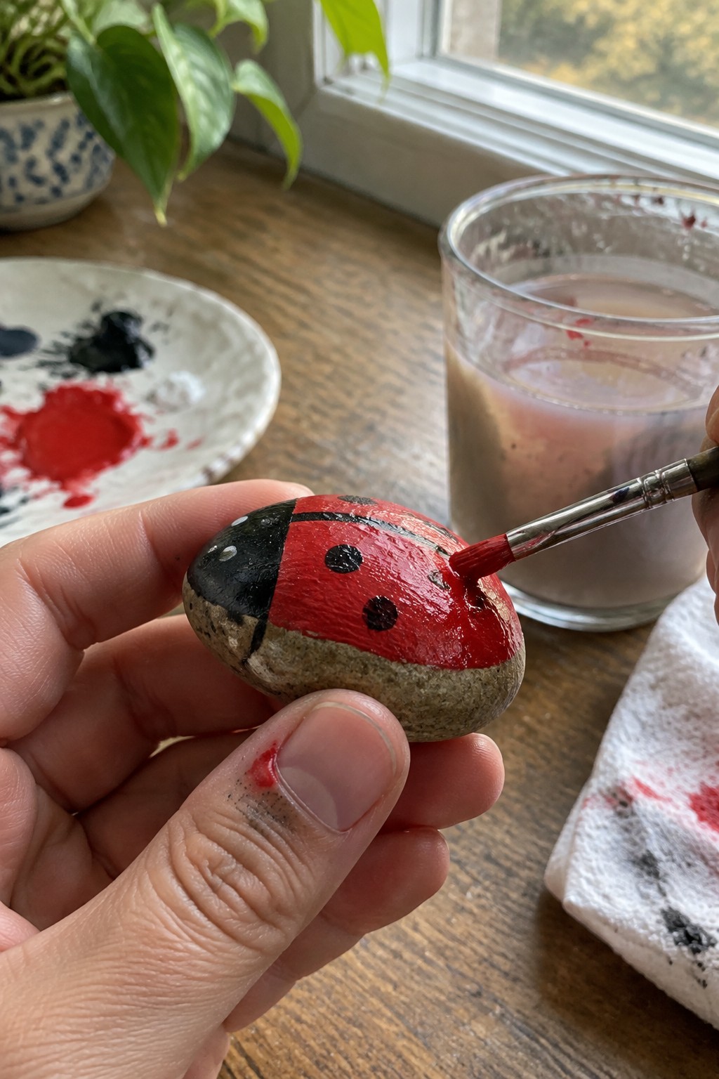 Hand holding ladybug-painted rock as brush applies fresh red paint