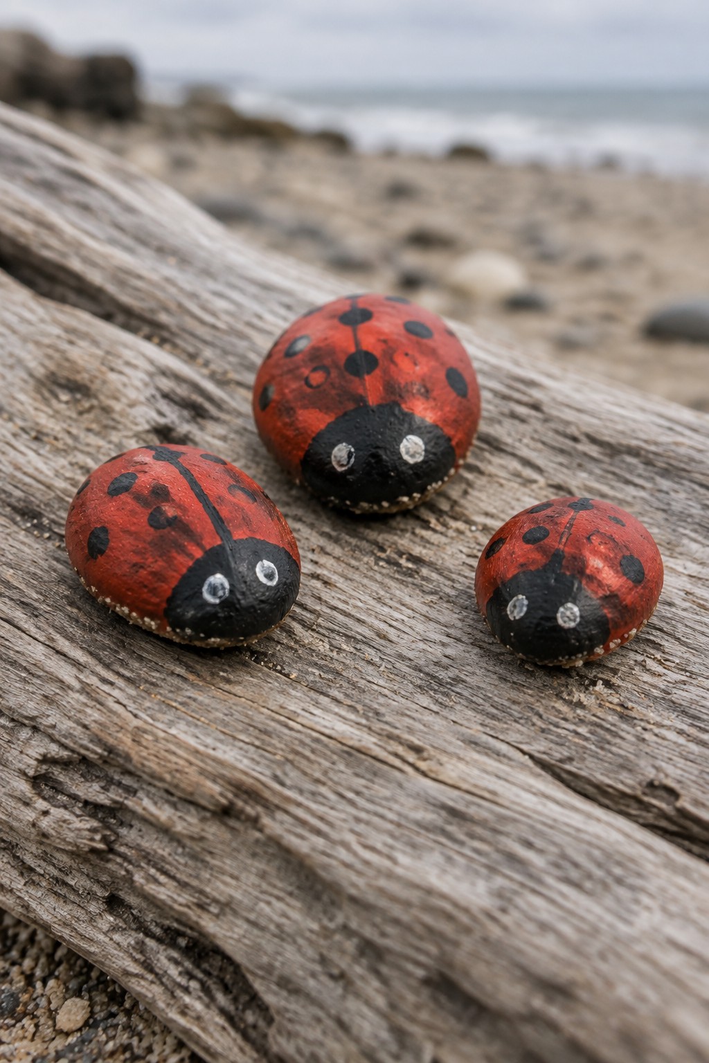 Three red-and-black ladybug rocks on driftwood by the ocean shore