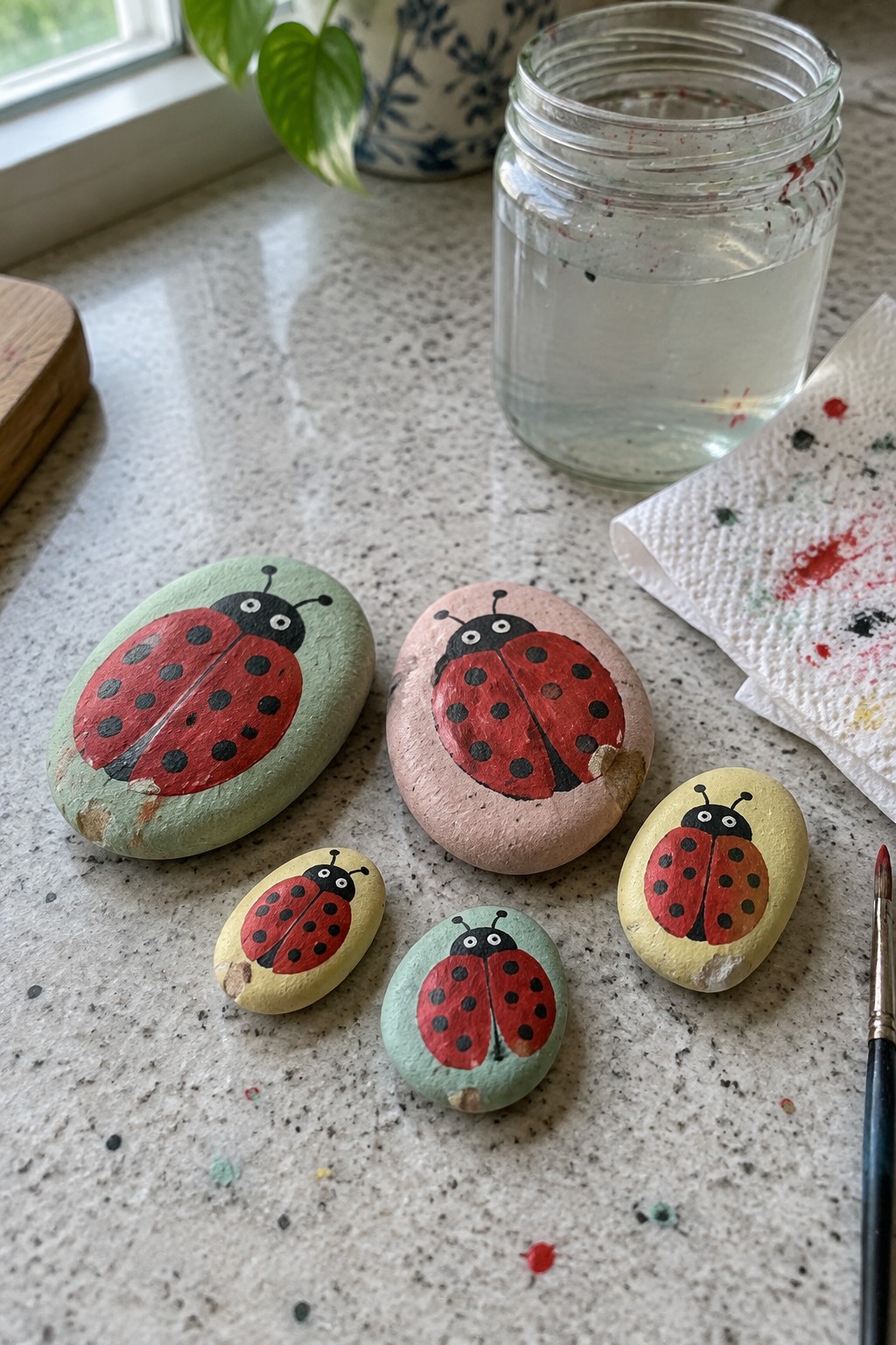 Five painted ladybug rocks beside a water jar, brush, and splattered paper towel.
