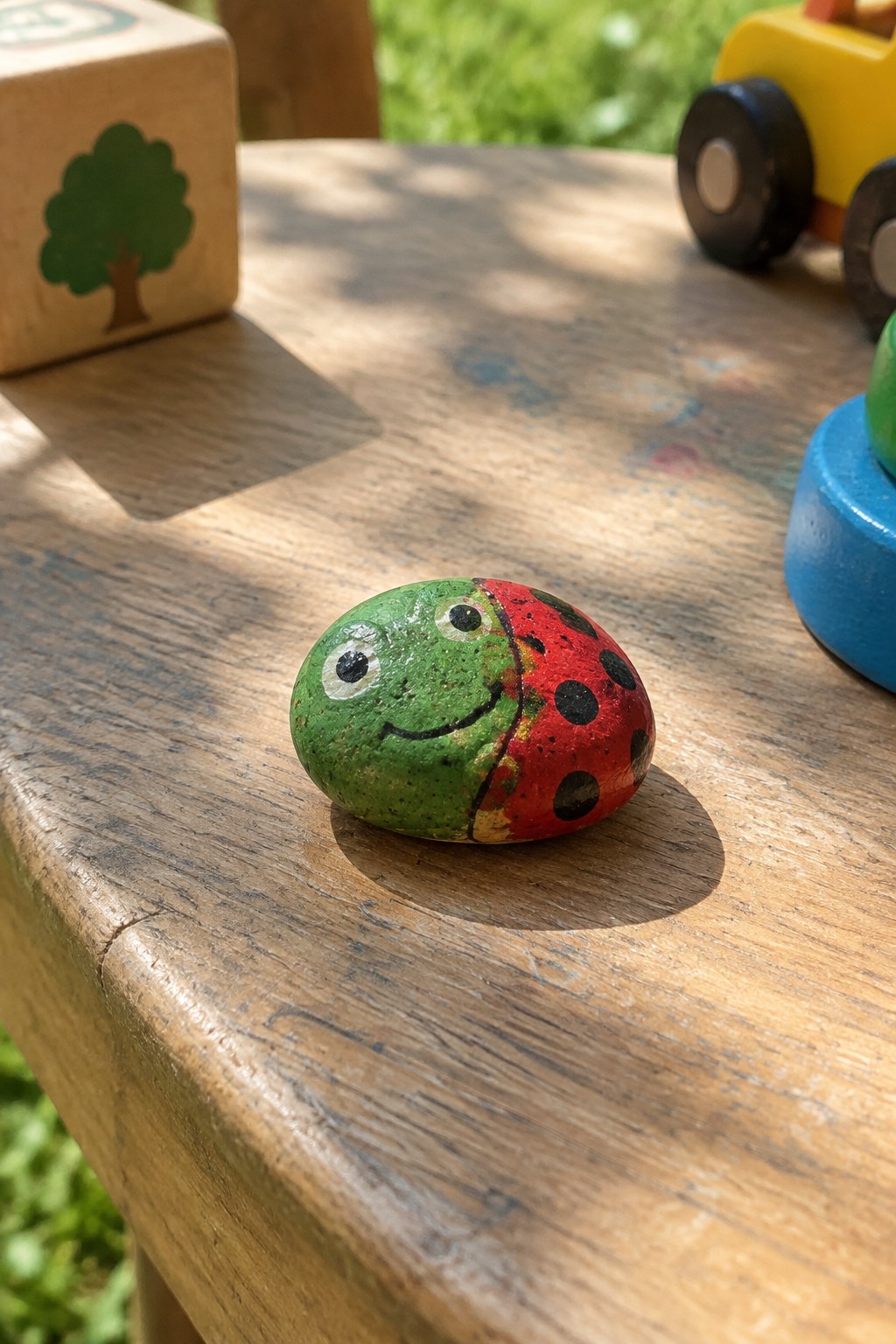 Painted rock with green frog face and red spotted ladybug on wooden table beside toys