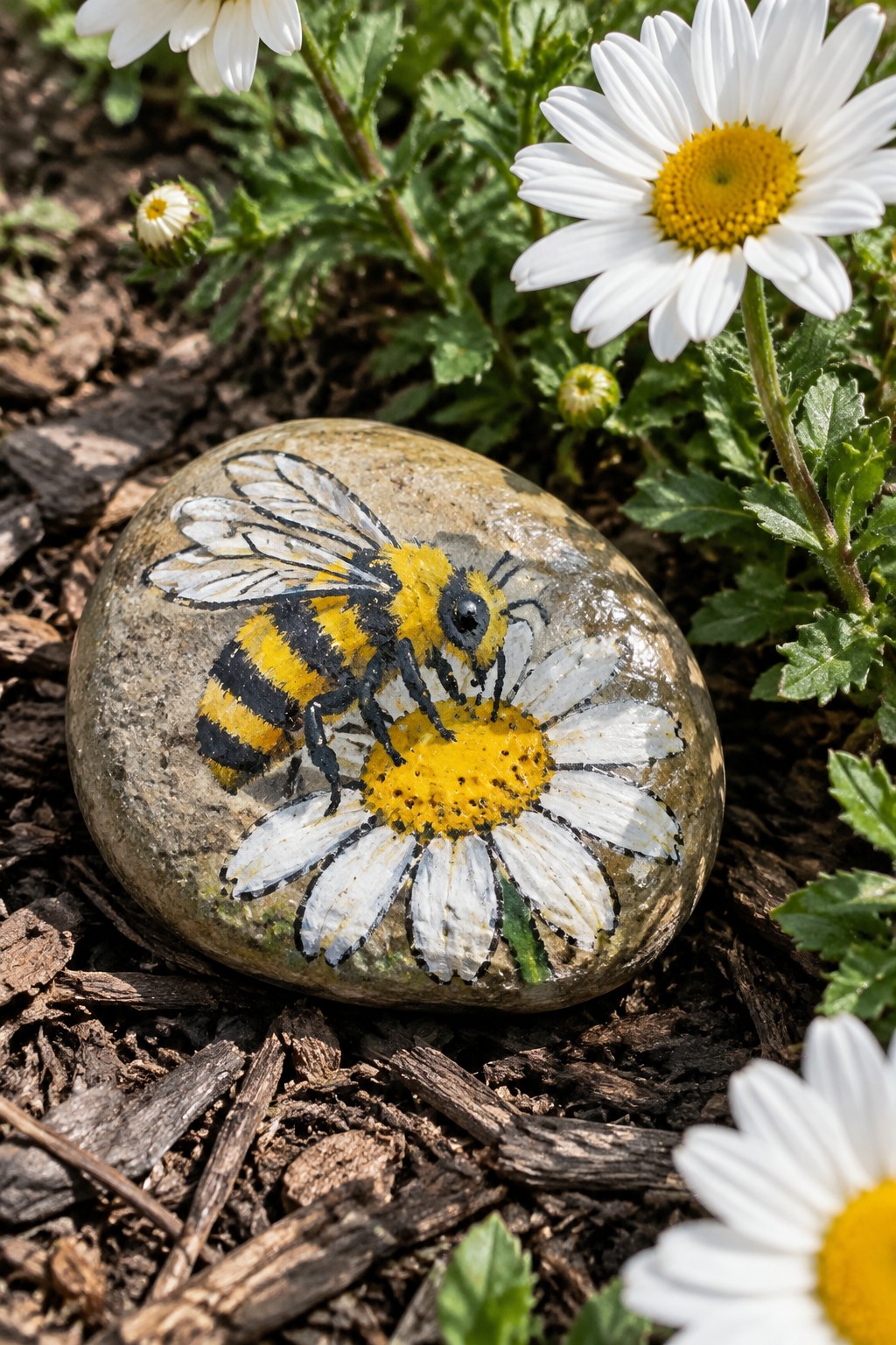 Painted rock with yellow and black bee on white daisy among real flowers.