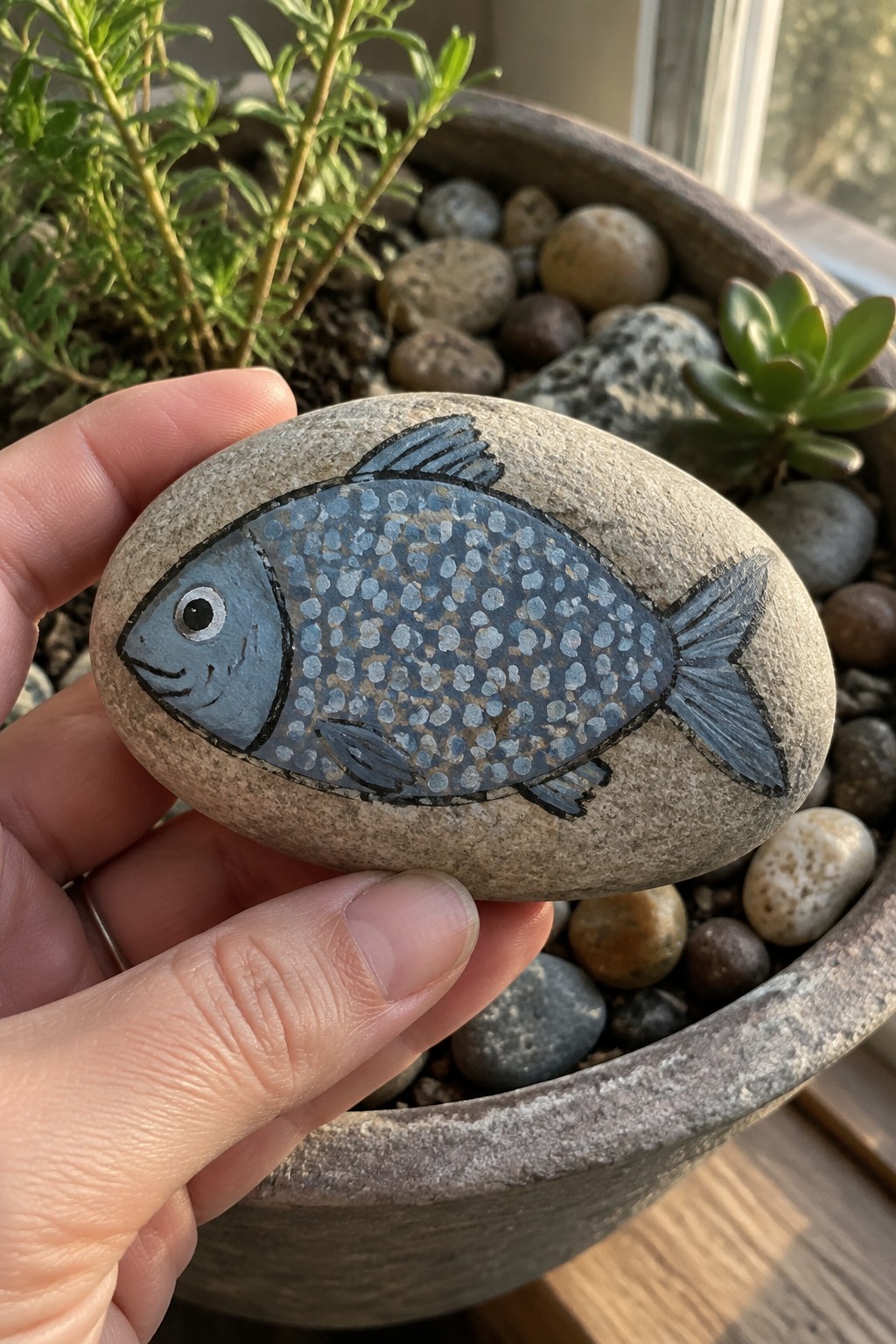 Hand holding gray stone painted with blue dotted fish near potted plants