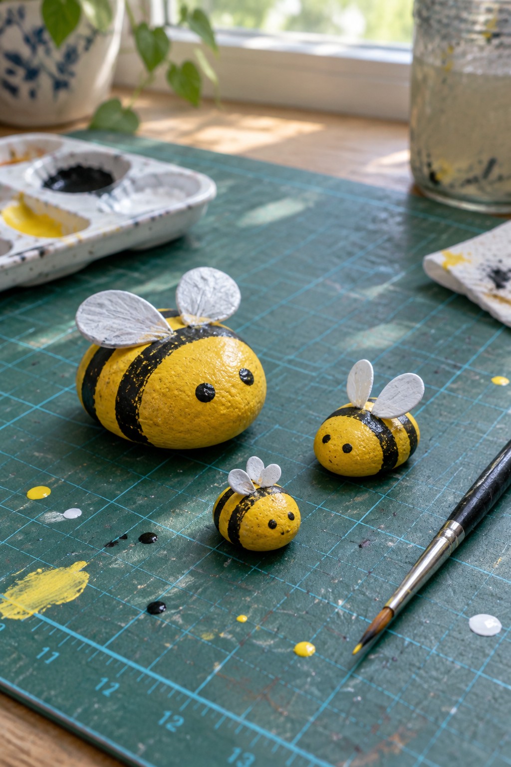 Three painted rock bees with yellow-black stripes and white wings on green mat