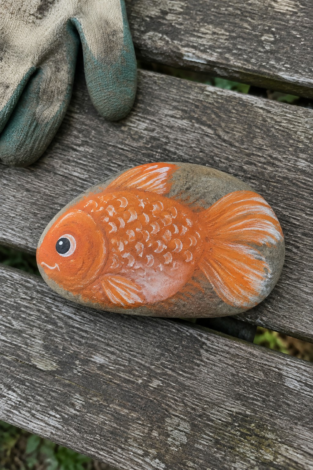 Orange fish painted on stone on wooden bench beside work glove