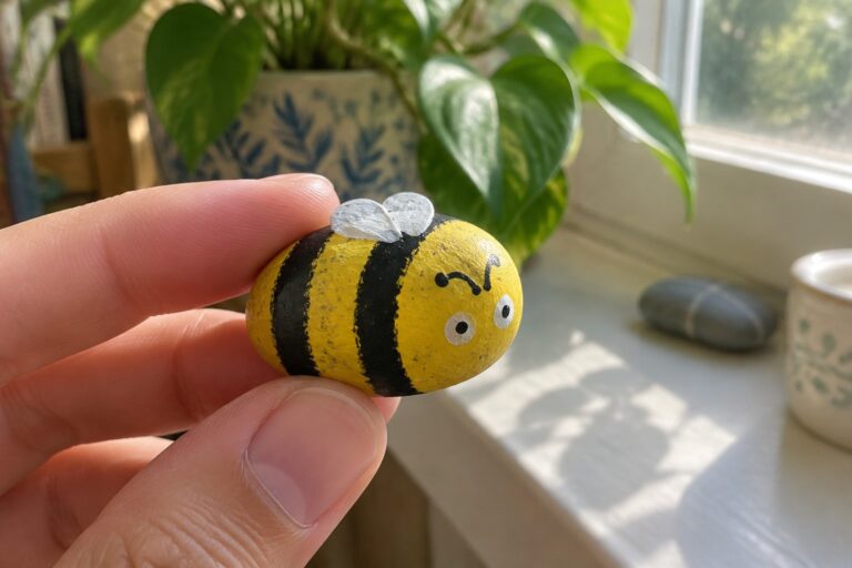 20 Easy Bee and Fish Rock Designs With Simple Details Hand holding yellow-and-black painted bumblebee stone with eyes and antennae
