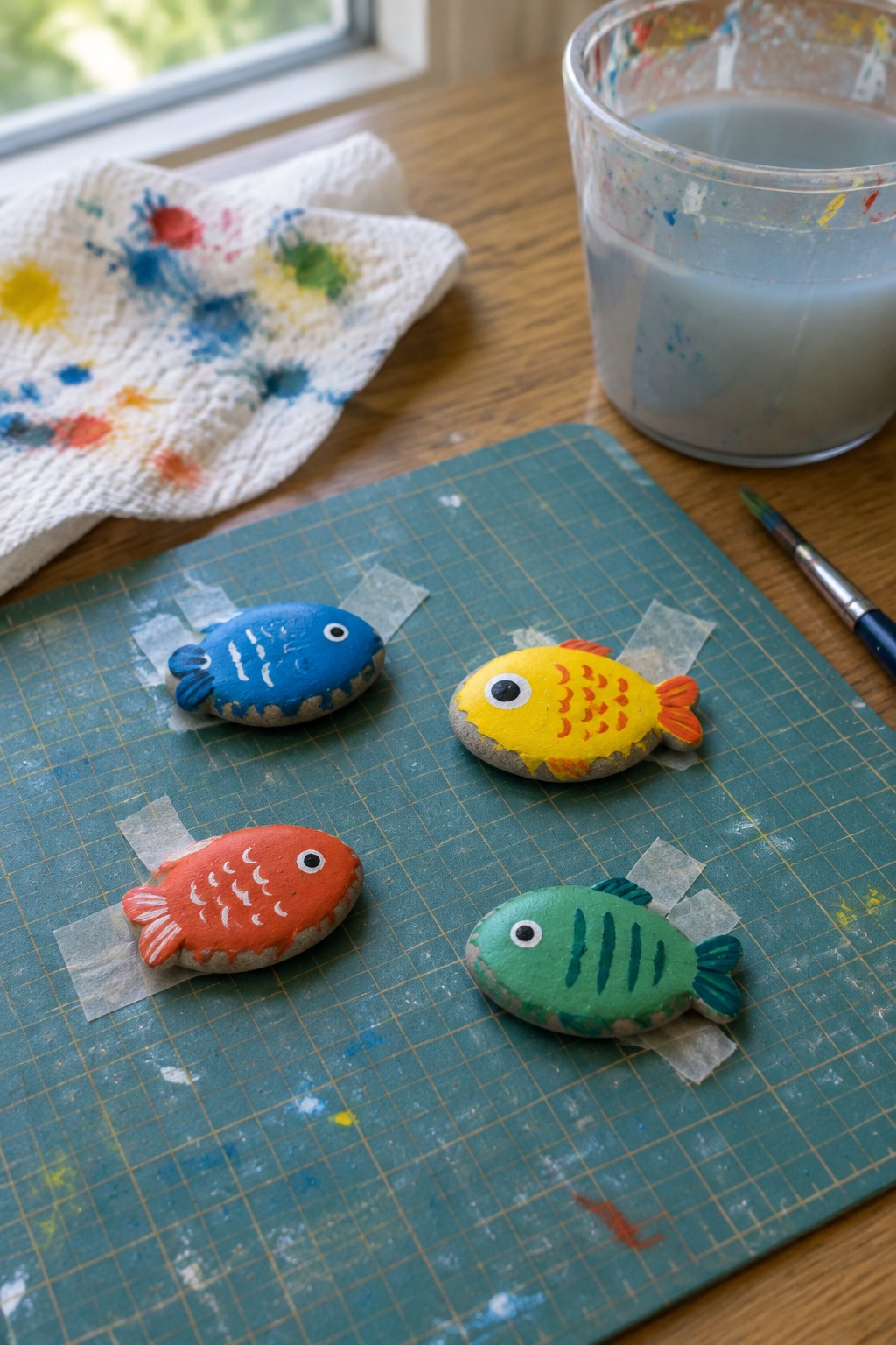 Four painted fish rocks in blue, yellow, red, and green on a gridded mat with supplies.