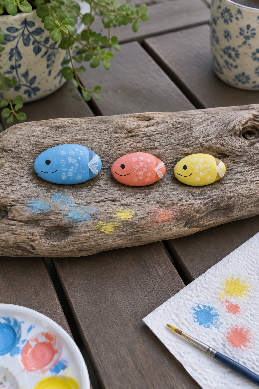 Three painted fish rocks in blue, orange, and yellow on driftwood with paints.