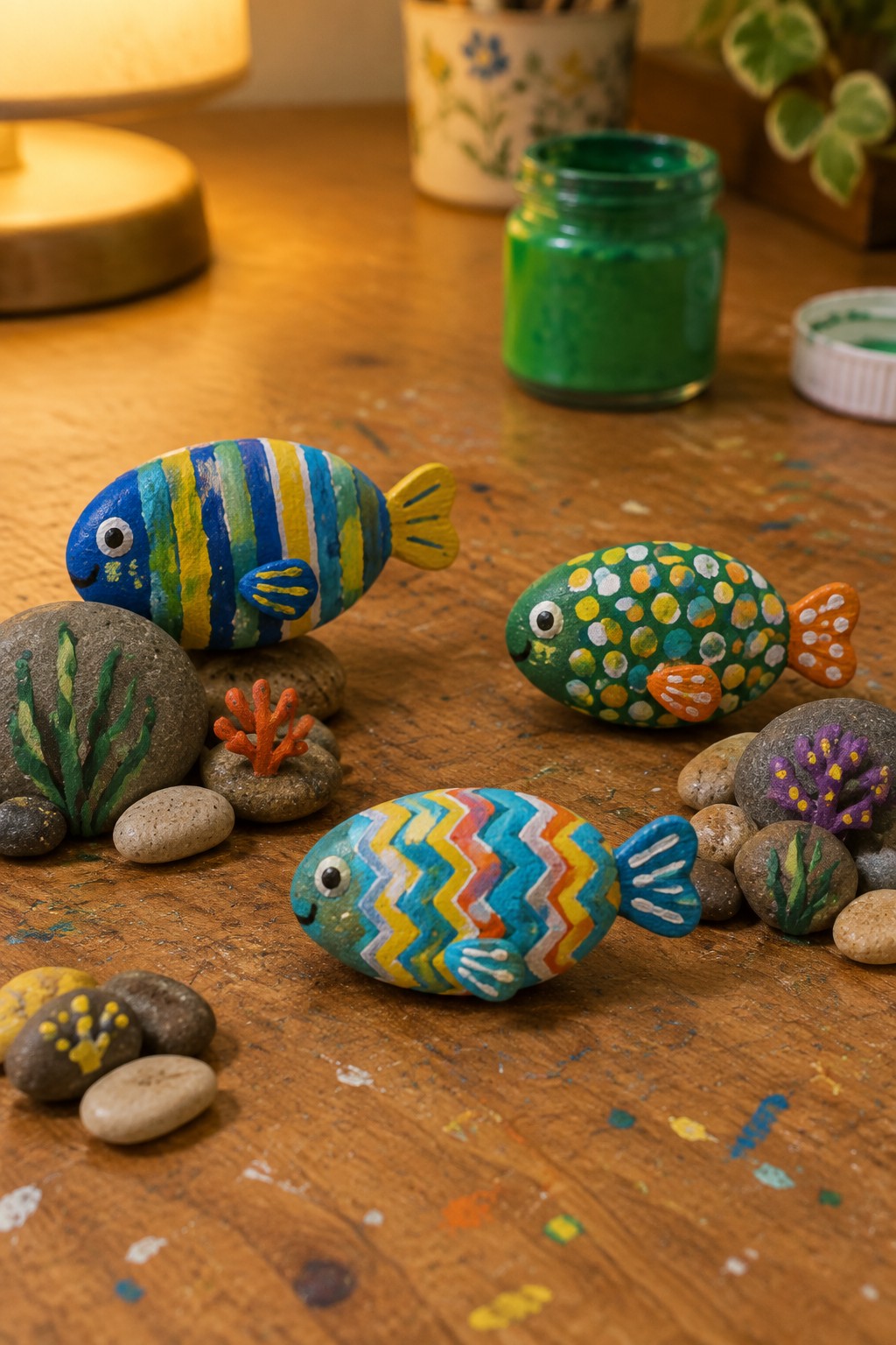 Colorful fish painted on rocks arranged on paint-splattered wooden table with art supplies