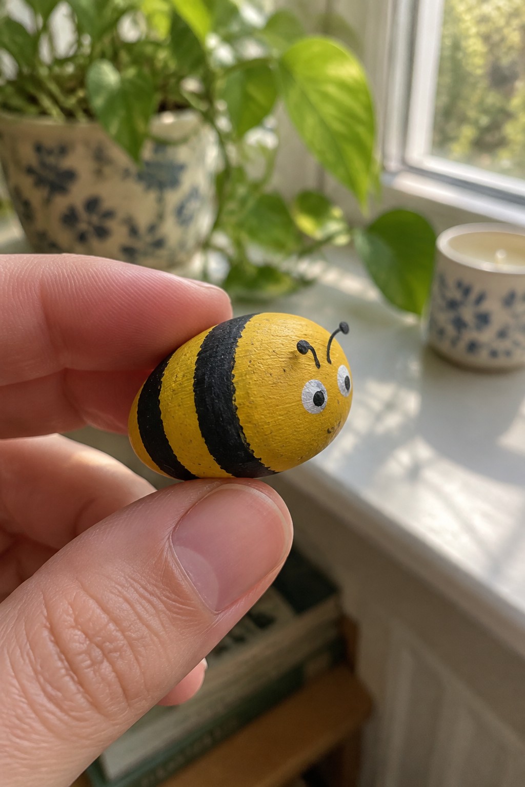 Hand holding yellow-and-black painted bumblebee stone with eyes and antennae