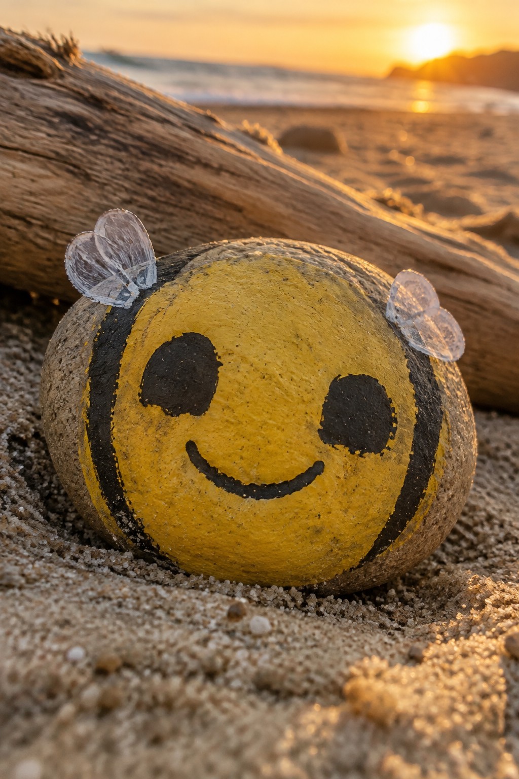 Yellow and black smiling bee rock with wings on beach sand at sunset