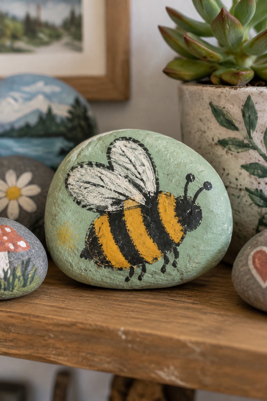Painted bumblebee on light green rock beside succulent on wooden table