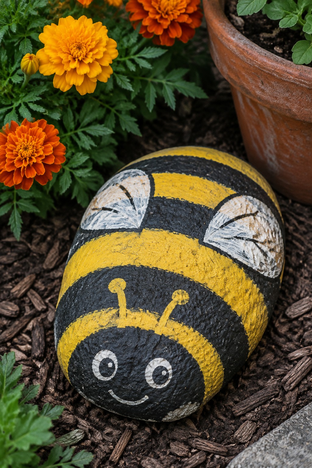 Painted rock bumblebee with yellow-black stripes, wings, and smiling face near orange flowers