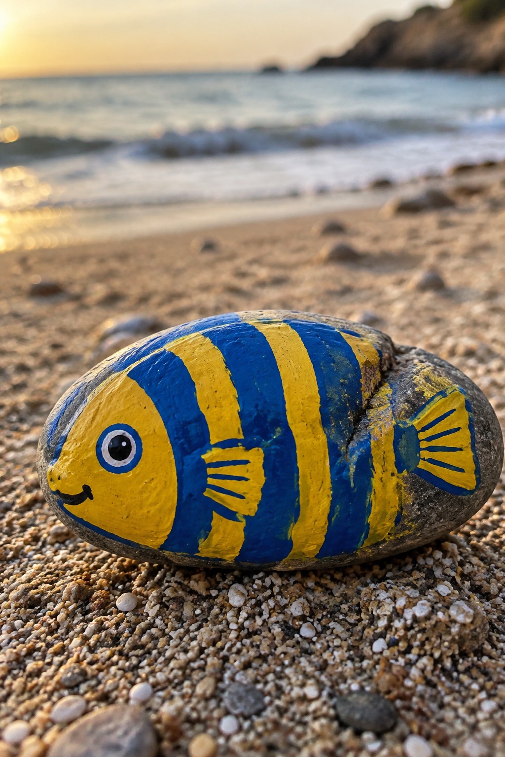 Yellow and blue striped fish painted on a rock on sandy beach at sunset