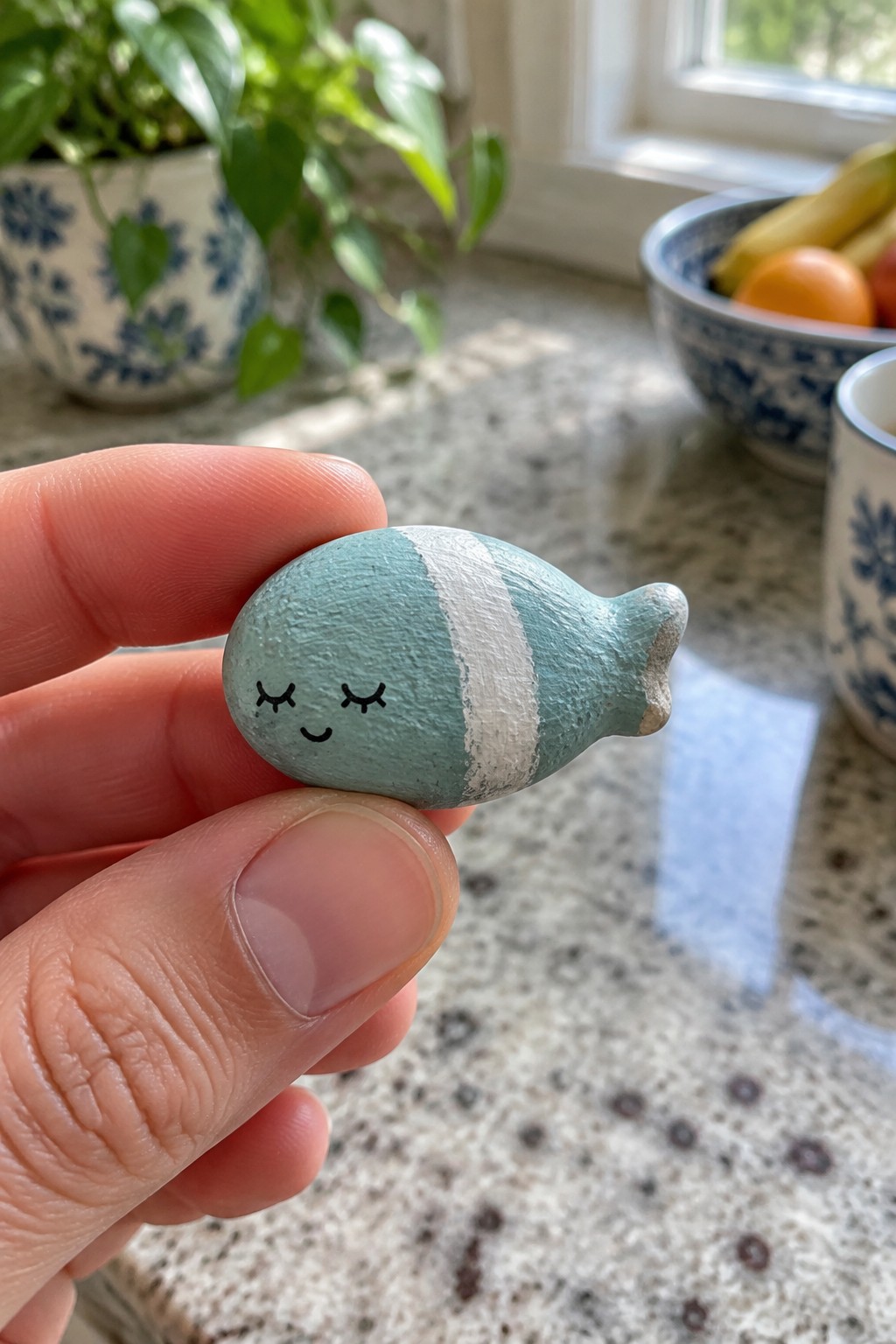 A hand holds a small oval rock painted teal with a white stripe and a simple fish face.