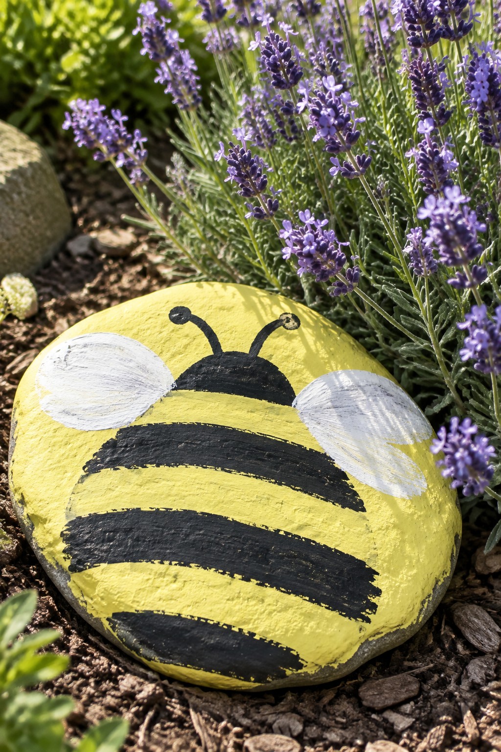 Yellow painted rock bumblebee with black stripes and white wings beside purple lavender flowers