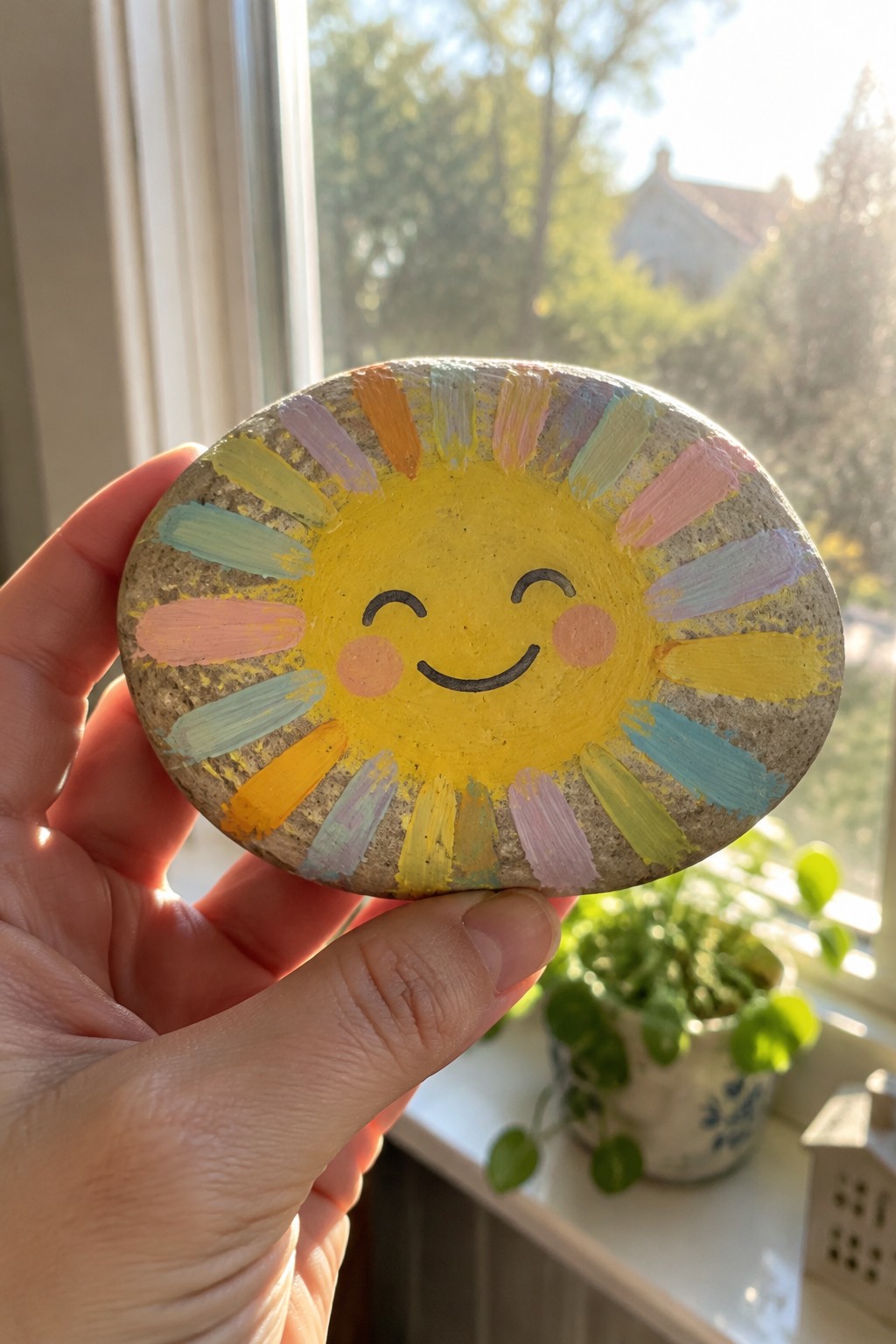 Hand holds smiling yellow sun painted on round stone with colorful rays