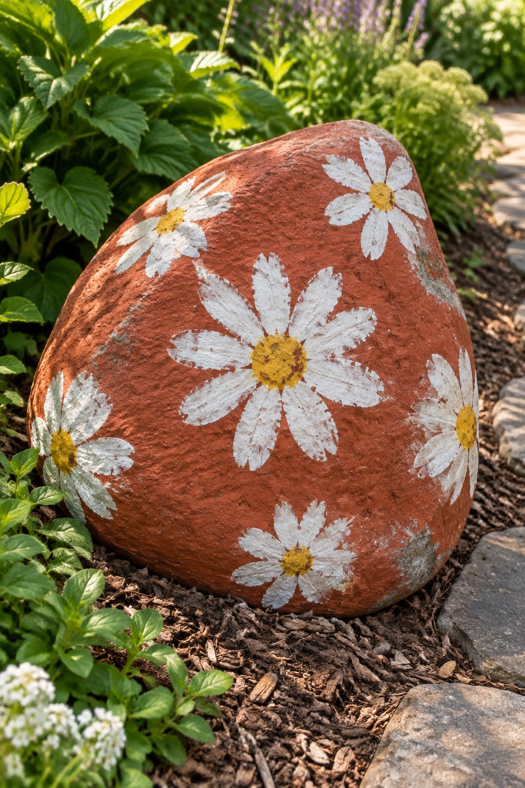 Red rock painted with white daisies and yellow centers in garden mulch