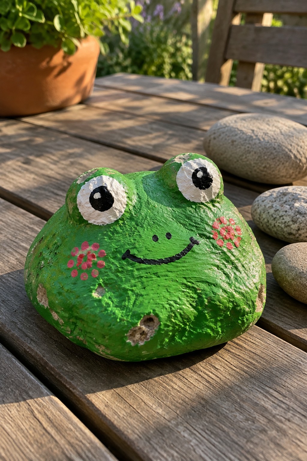 A green painted rock frog with large white and black eyes and pink dotted cheeks sits on a wooden table outdoors.