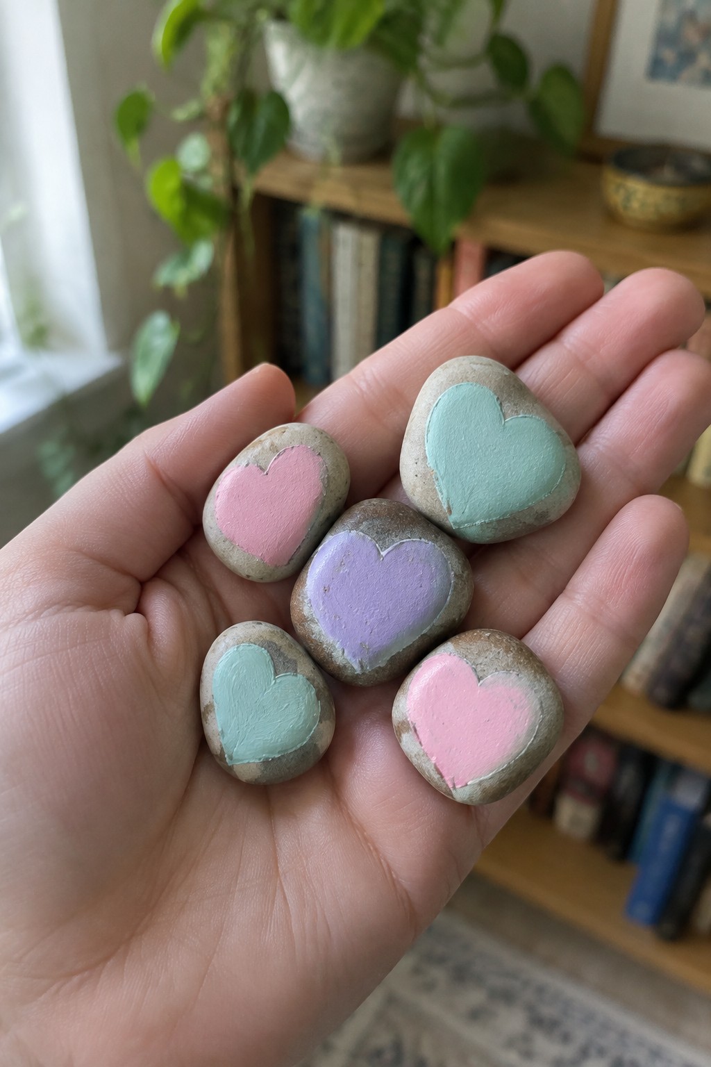 Hand holding five small stones painted with pastel pink, purple, and mint hearts.