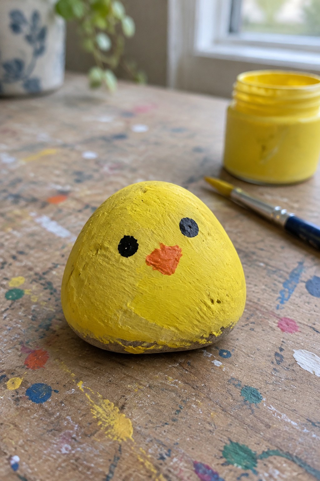 Yellow chick rock with black eyes and orange beak beside yellow paint jar and brush