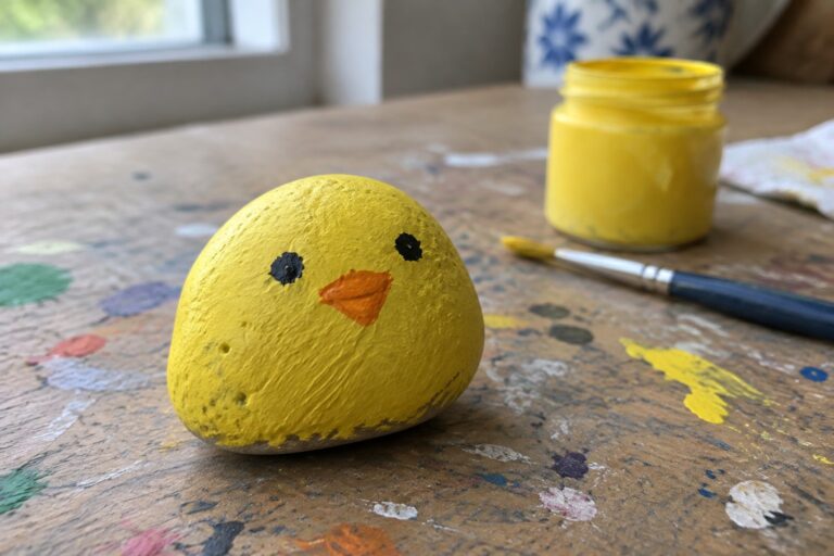 20 Easy Rock Painting Tutorials With Step-by-Step Instructions Yellow chick rock with black eyes and orange beak beside yellow paint jar and brush