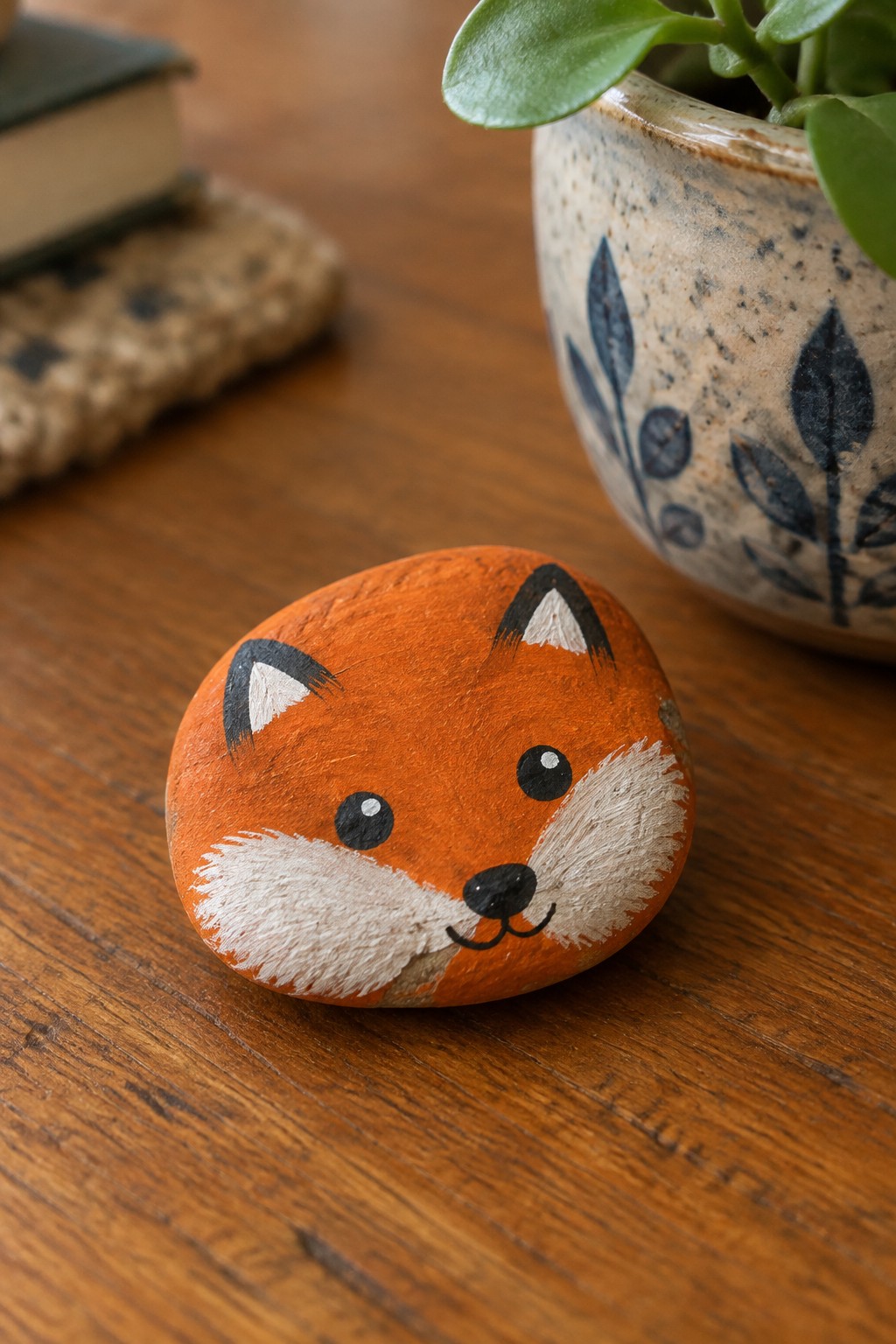 Painted orange fox rock with black ears and white muzzle on wooden table