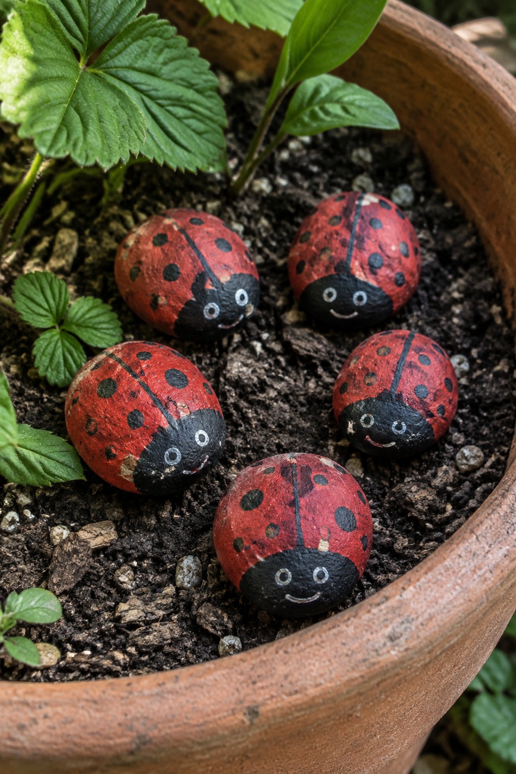 Four smiling ladybug rocks nestled in soil inside a terracotta pot with green plants.