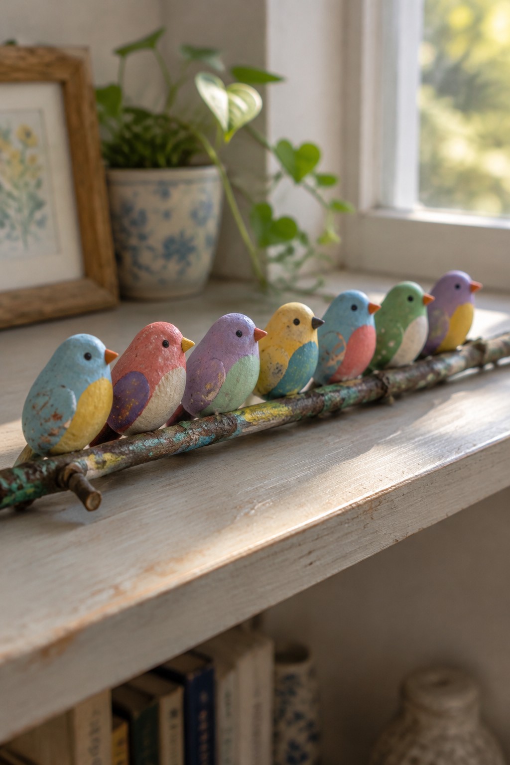 Seven colorful painted wooden birds lined up on a branch on a windowsill