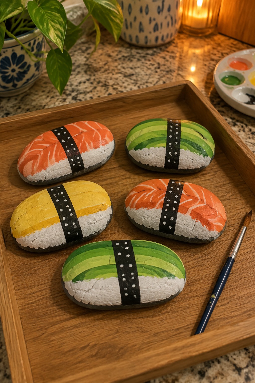 Sushi-painted rocks in orange, green, and yellow on a wooden tray with brush.