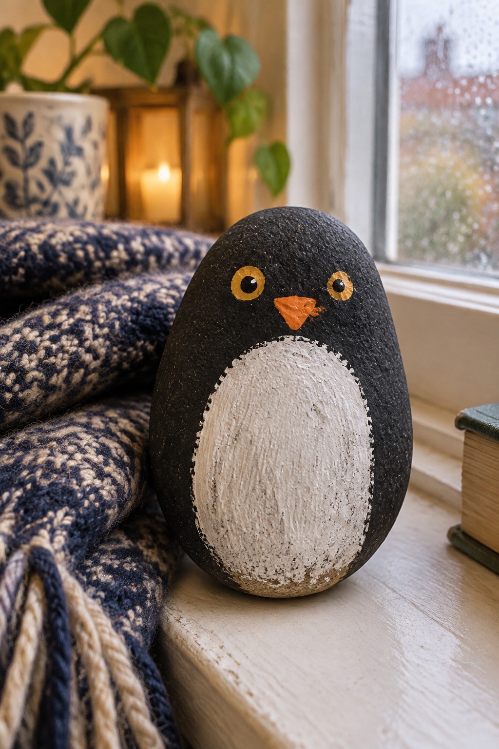 Painted rock penguin with white belly and orange beak on windowsill beside knit blanket