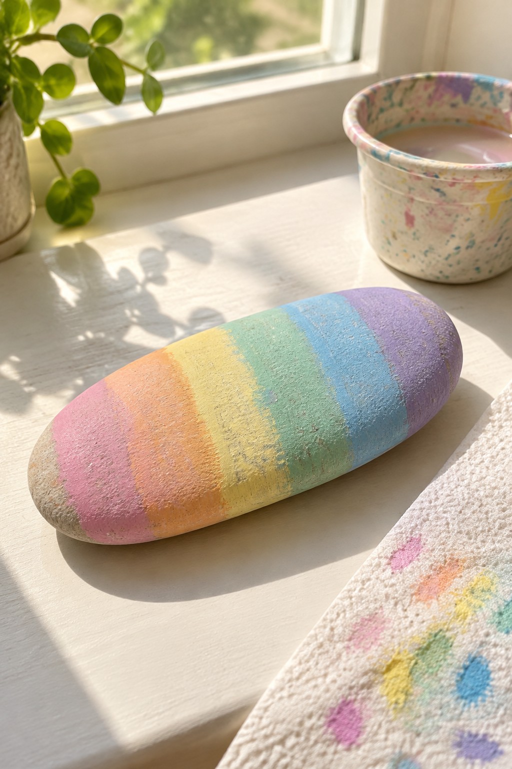 Rainbow-painted stone on sunny windowsill beside speckled cup and dotted towel