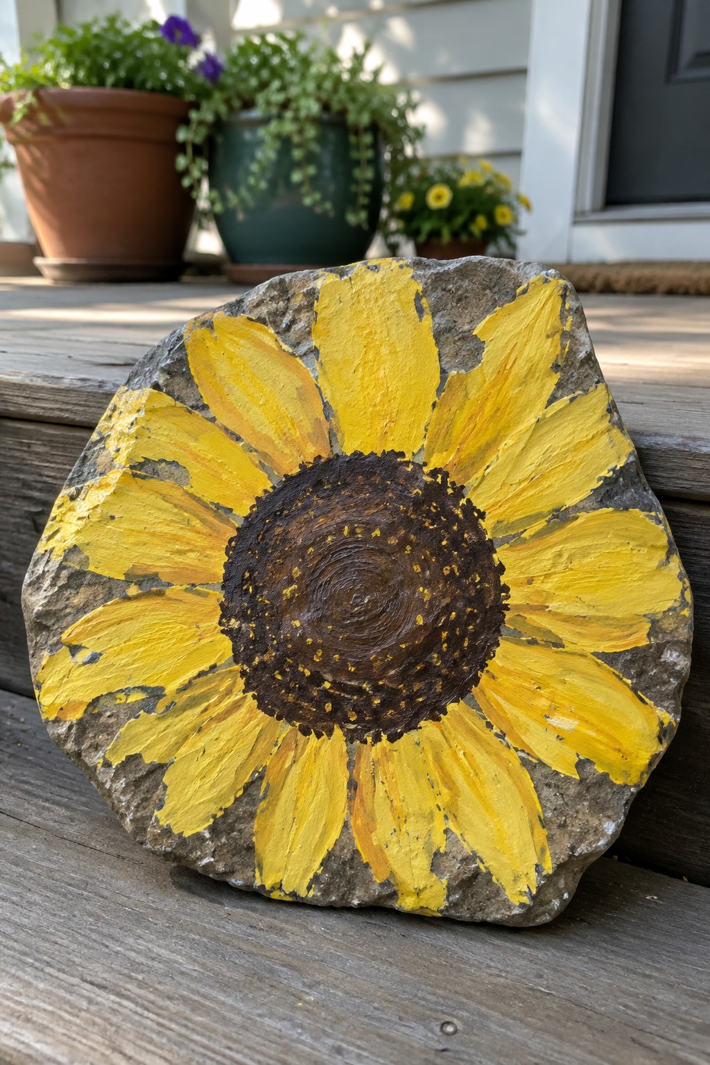 Yellow sunflower with brown center painted on gray rock on wooden steps