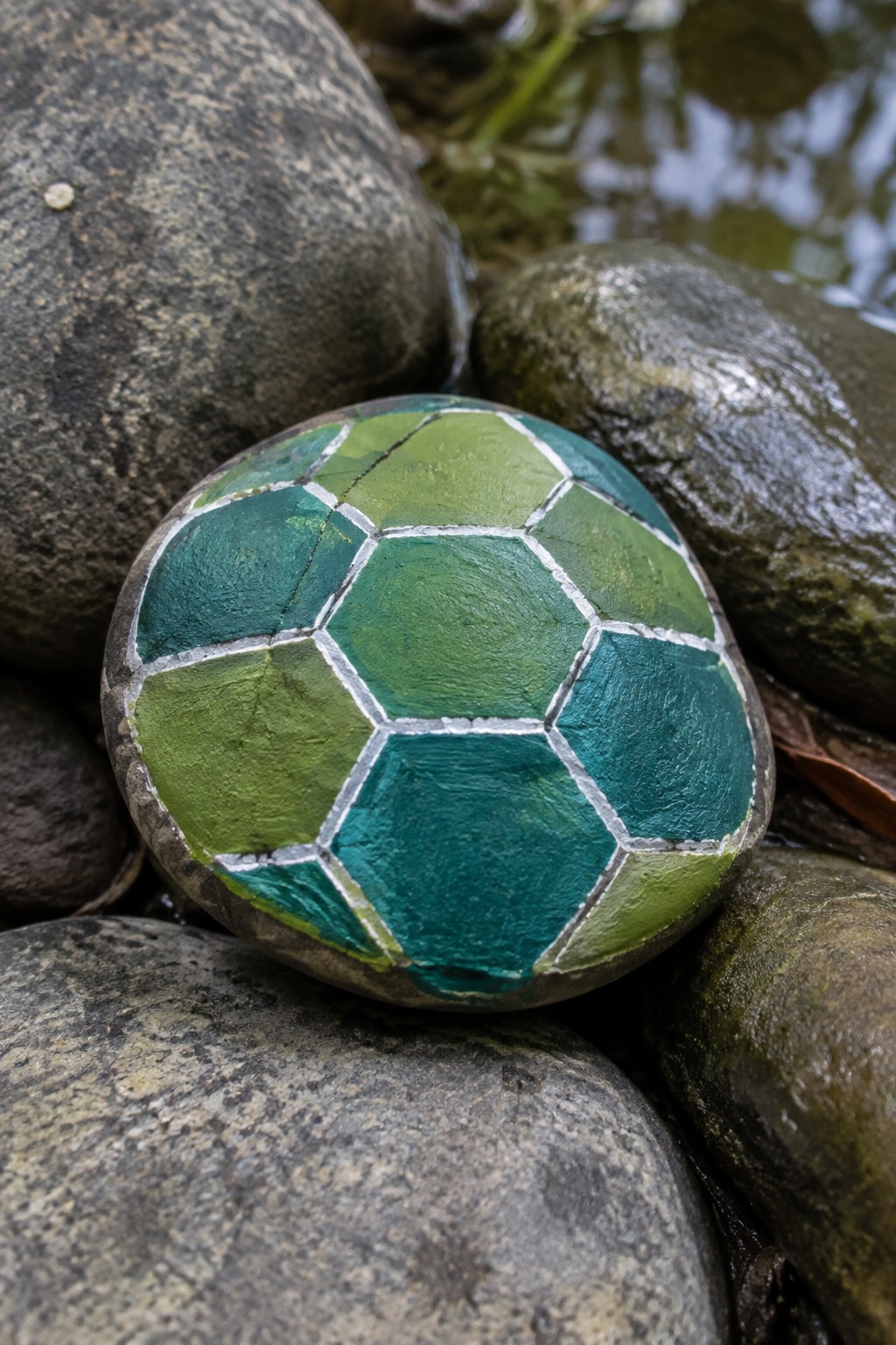 Turtle shell patterned rock in greens and teals on wet gray stones by water