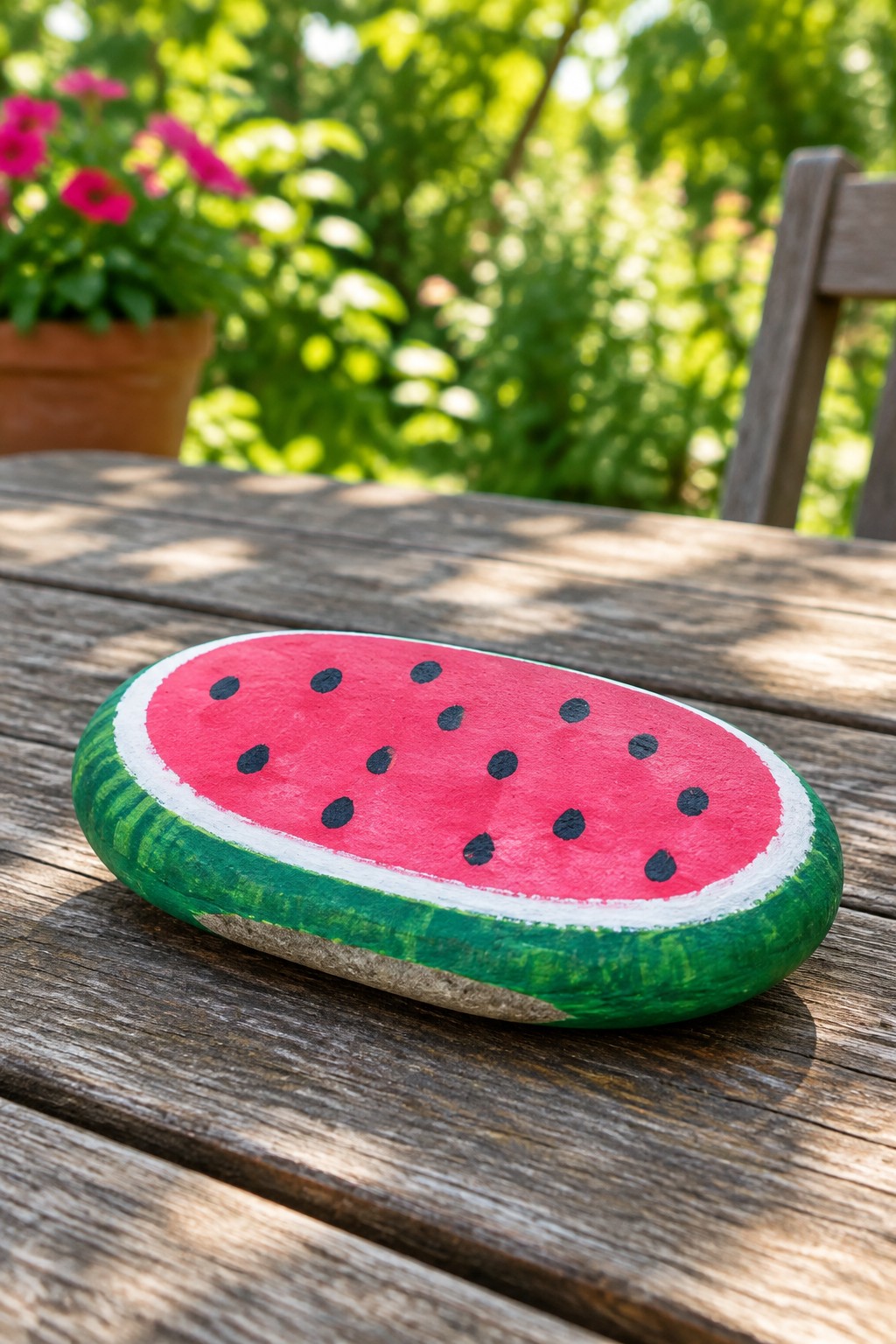 Oval rock painted as watermelon slice on wooden table with pink flowers behind